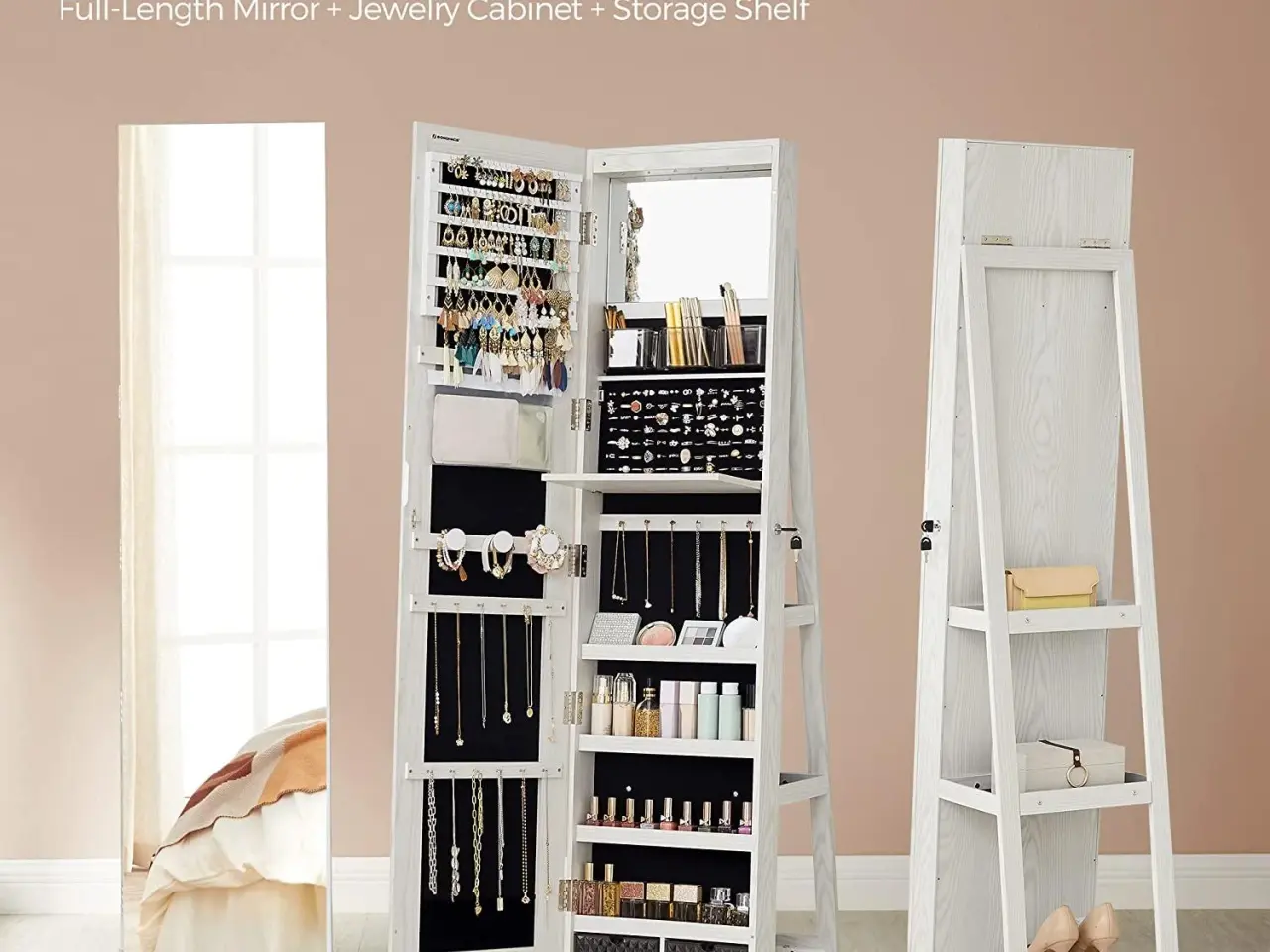 Billede 2 - Smykkespejl med skab Jewellery Cabinet JJC007W01, hvid træstruktur