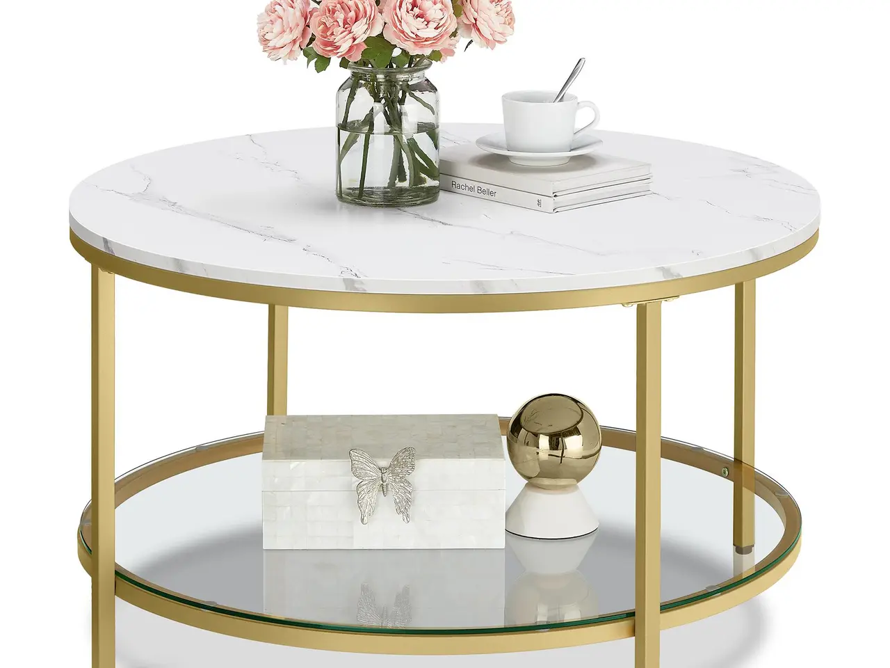Billede 1 - Rundt sofabord med glashylde - hvid marmor-look/guld