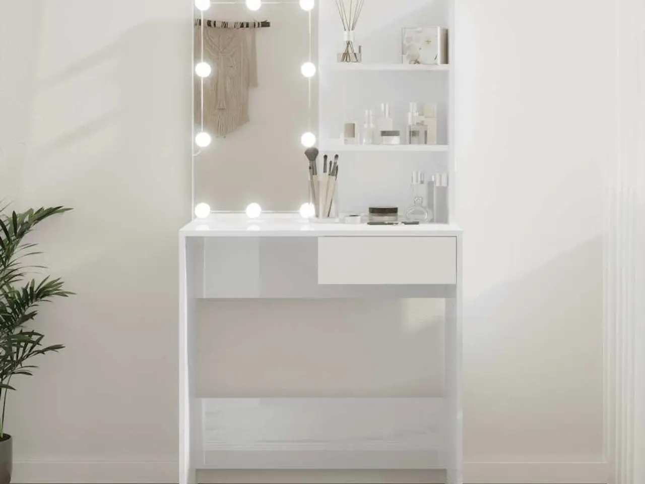 Billede 1 - Makeupbord med LED-lys 74,5x40x141 cm hvid højglans