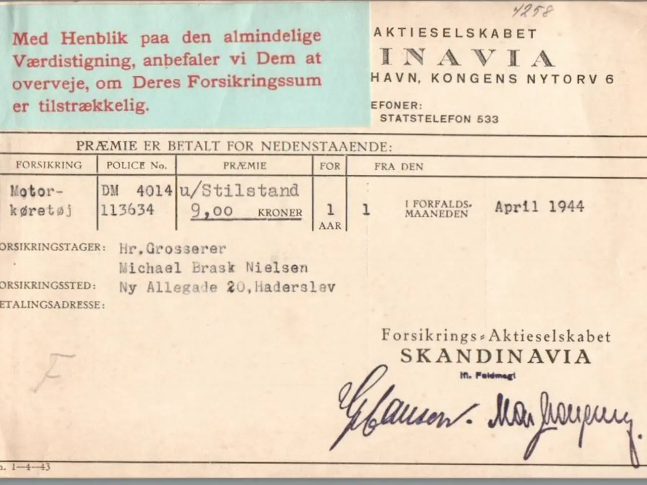 Billede 1 - Bilforsikring 1944 - 9,00 - Skandinavia Indbetalingskort