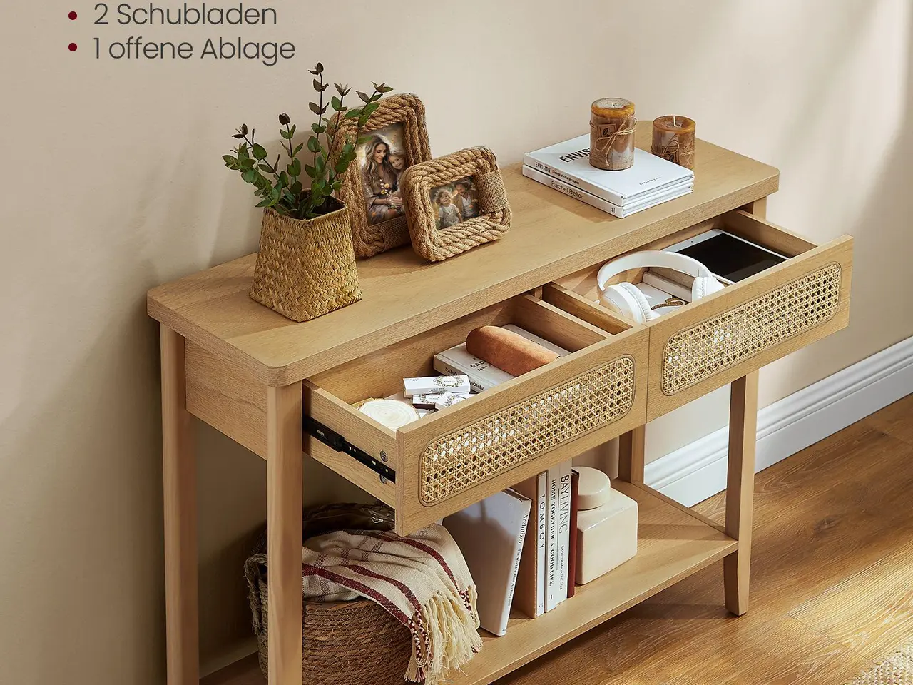 Billede 5 - Konsolbord med 2 skuffer og hylde - boho stil, egetræsbeige (100 × 30 × 80 cm)