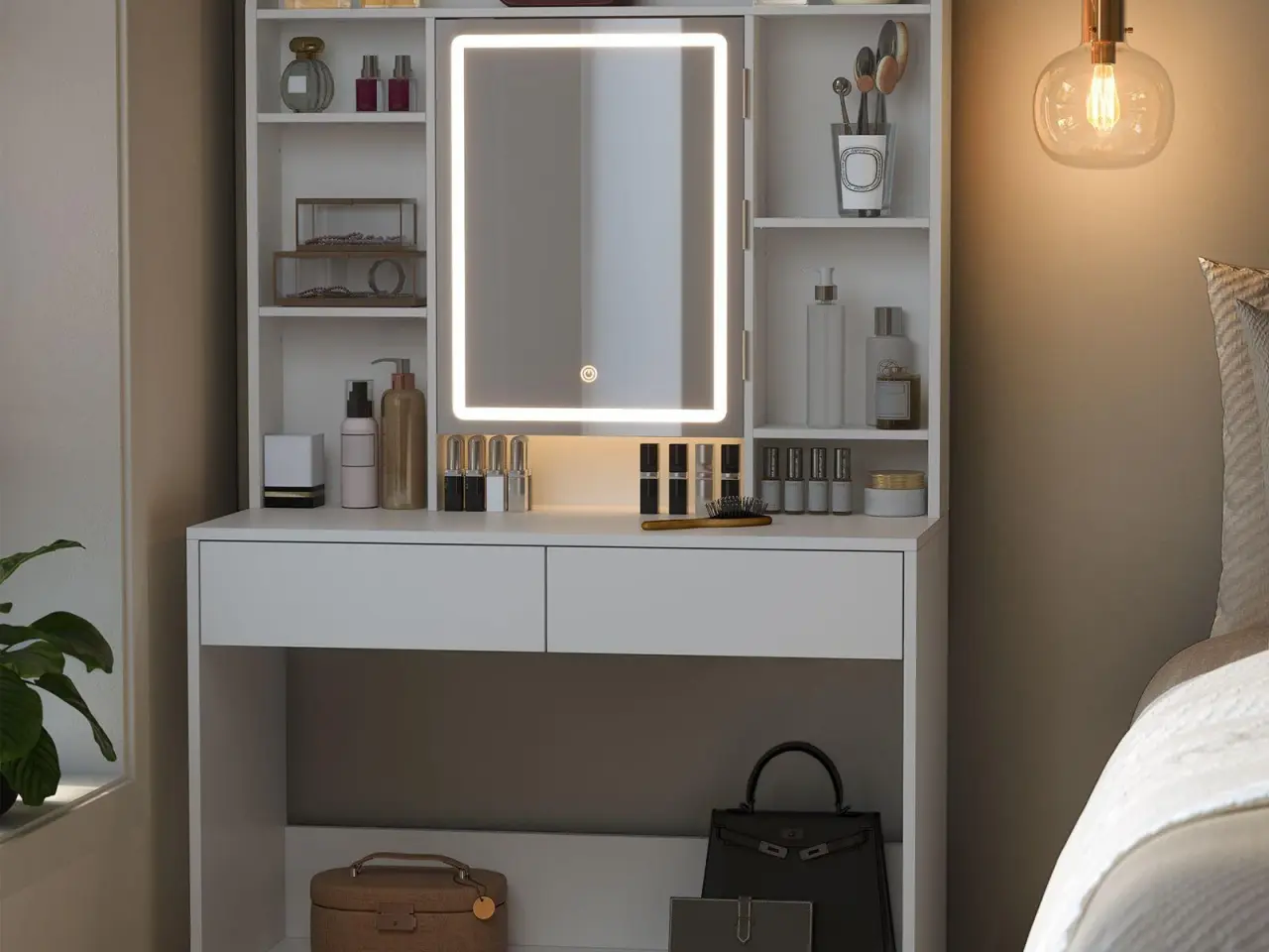 Billede 6 - Toiletbord med LED spejl hvid, 2 skuffer, justerbare hylder