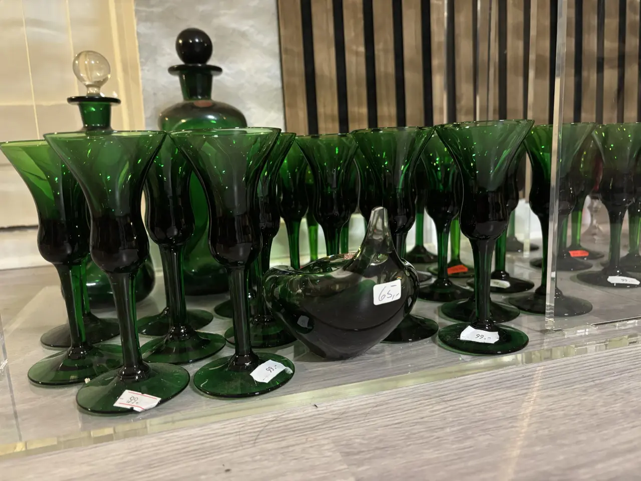 Billede 1 - Holmegaard flaskegrøn snapseglas og klukflaske