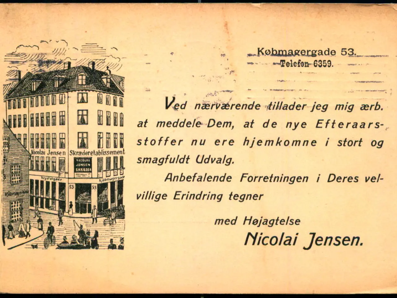 Billede 1 - Skræderetablisement Nicolai Jensen - Købmagergade 53 - Tryksagskort u/n - Brugt