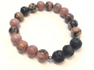 Armbånd, rosa rodonit, sort lava sten, elastik