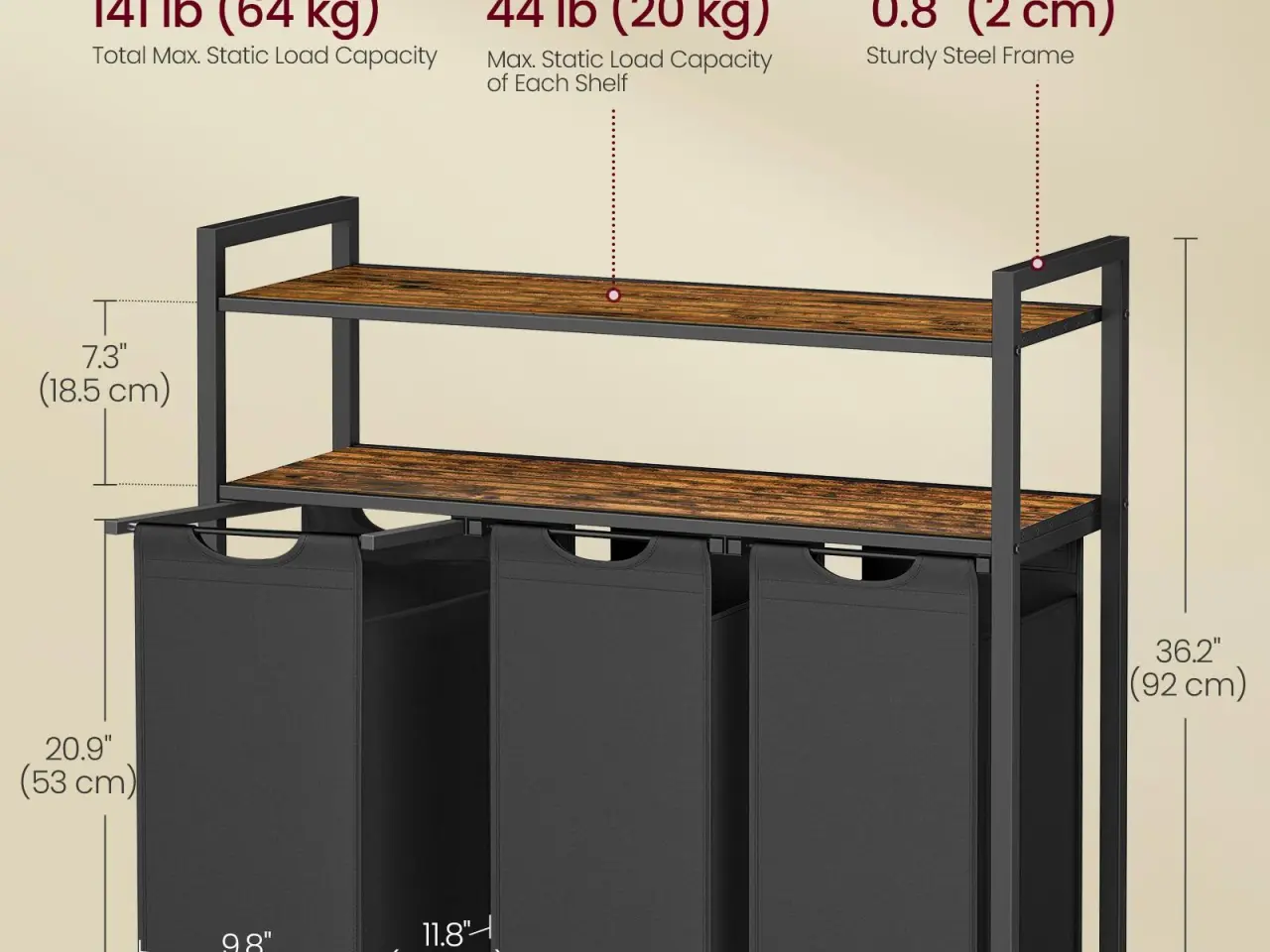 Billede 4 - Vasketøjssorterer med 3 udtagelige poser og 2 hylder - rustik brun/sort, 40 l pr. pose