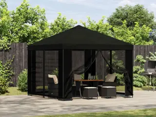 Havepavillon 3 x 3 m - sort med sidevægge i mesh, polyester/stål (190 gsm)