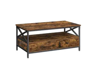 Sofabord industrielt, 2 skuffer, åbent hylderum, X-stel i stål, 100 × 55 × 45 cm, rustik brun/sort