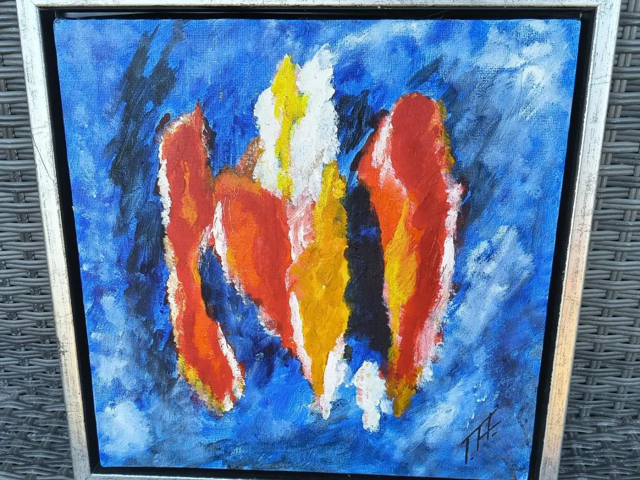 Billede 1 - FLOT MALERI I SØLV SVÆVERAMME, 35X35 CM