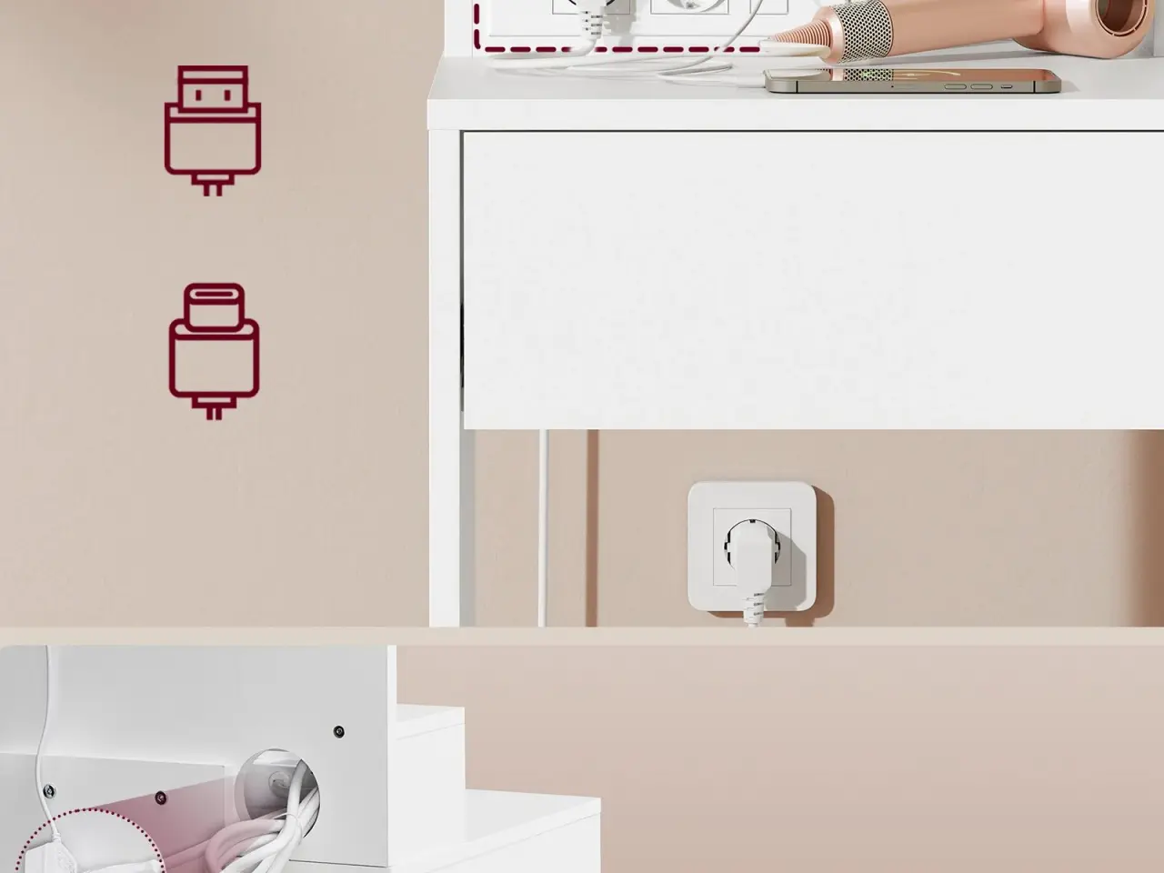 Billede 4 - Toiletbord med LED-spejl og strømudtag - skuffe, åbne hylder og skab med 2 justerbare hylder, hvid (Kailyn, RDT138W01)