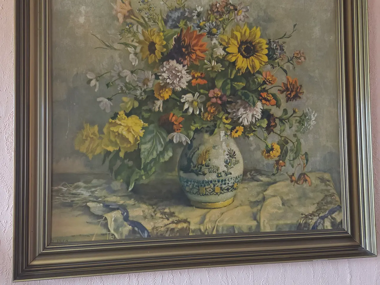 Billede 3 - Blomsterbillede i guld/bronze-farvet ramme 