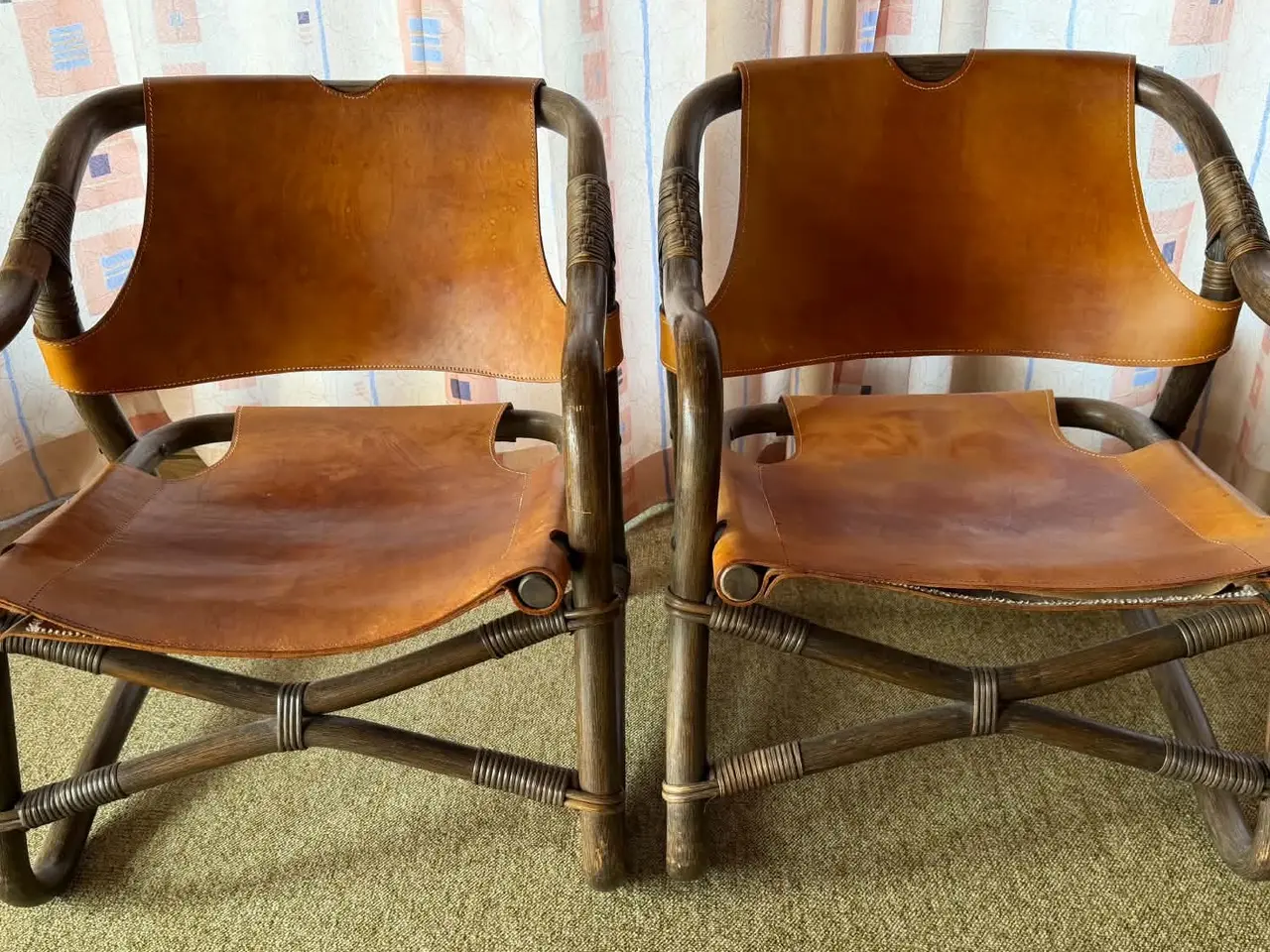 Billede 1 - 2 stk Vintage Manilla stole i bambus og kernelæder