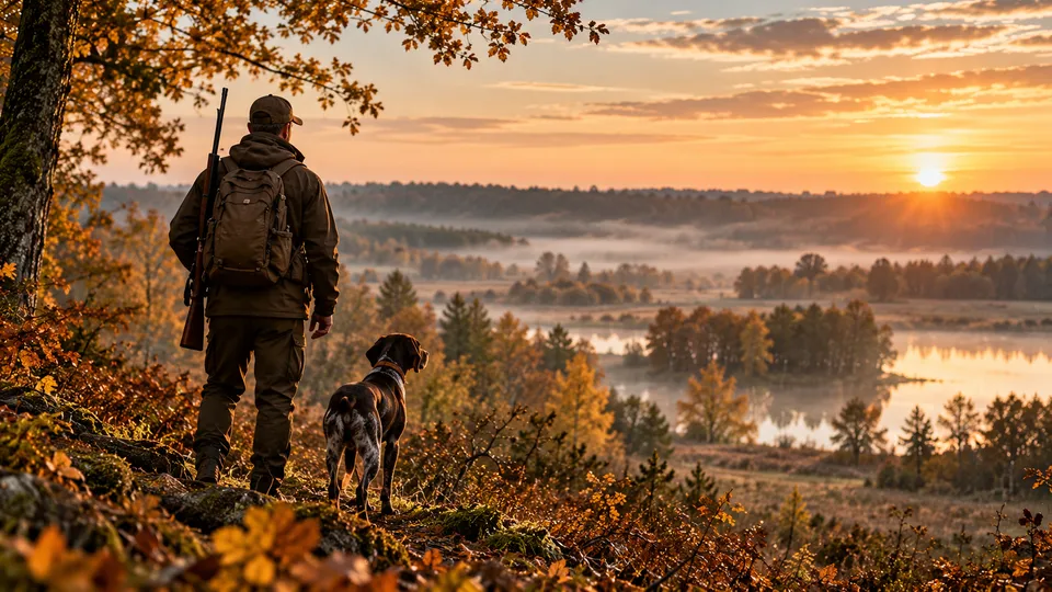 Jæger og hund ved solopgang.png