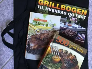 3 grillbøger og langt forklæde fra Kentaur