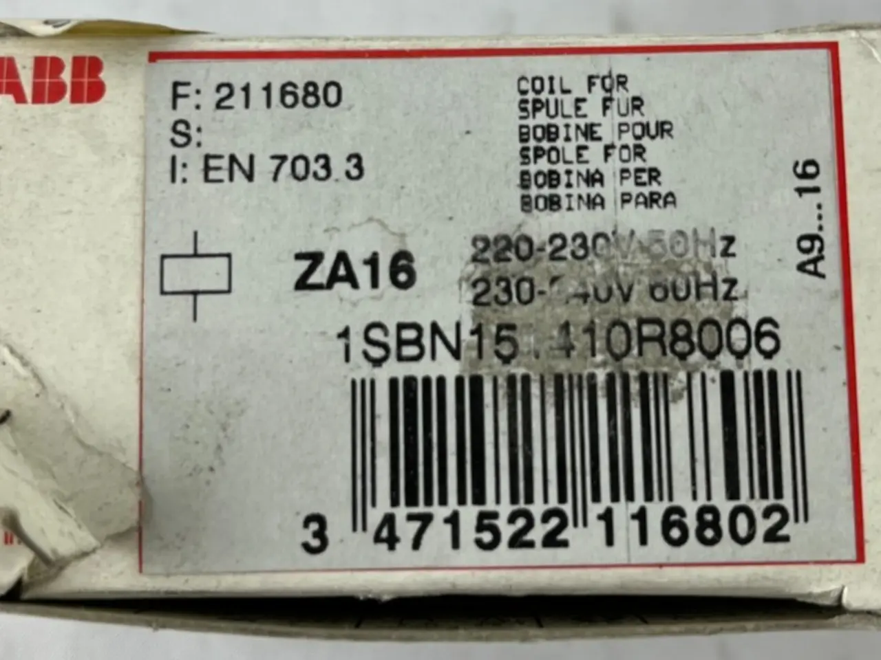 Billede 1 - ABB ZA16 1SBN151410R8006 kontaktor Coil 220–230 V