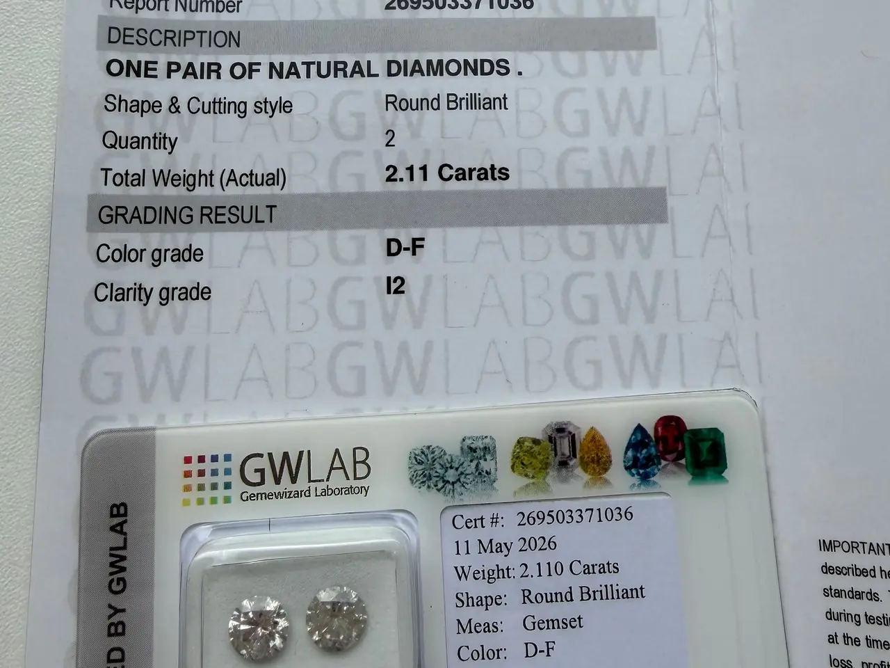 Billede 3 - 2.11 CT Diamanter m. certifikat – D-F farve
