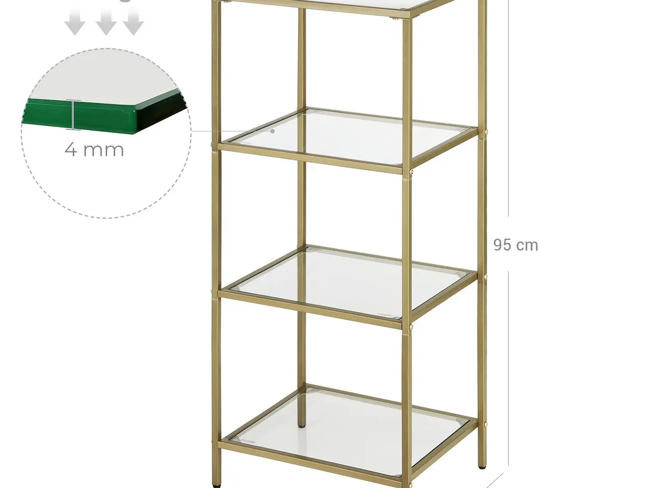 Billede 6 - Opbevaringsreol med hærdet glas, 4 hylder, 40 x 30 x 95 cm, guldfarvet stål