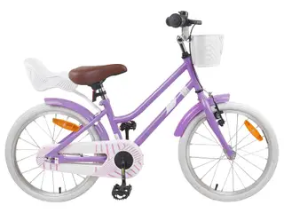 Børnecykel 18" til 5-7 år - lilla med kurv og klokke