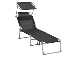 Solseng med nakkepude og solskærm - justerbart ryglæn, foldbar, let - 53 × 193 × 29,5 cm - bæreevne 150 kg - sort