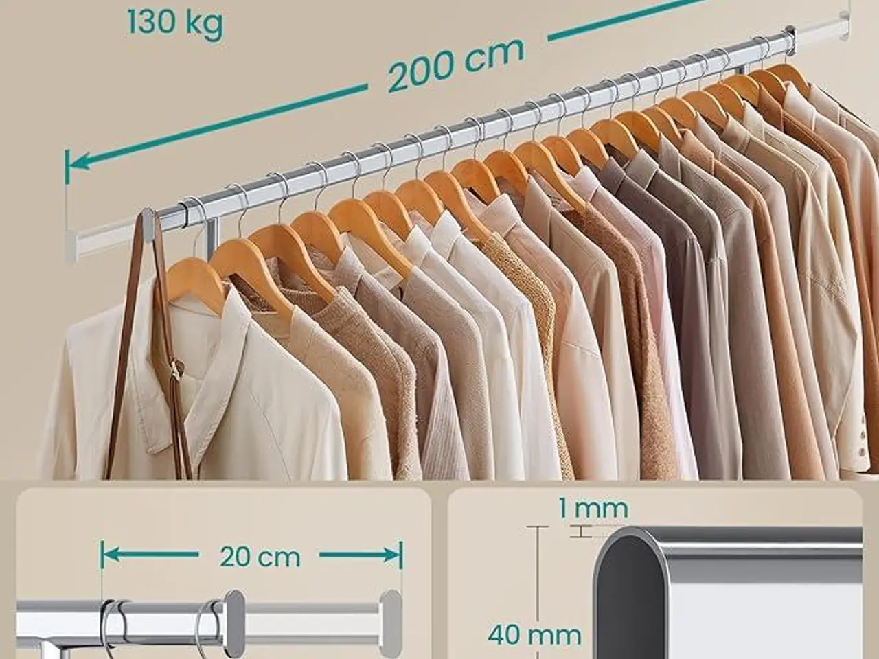 Billede 3 - Tøjstativ på hjul sølv - 160-200 cm