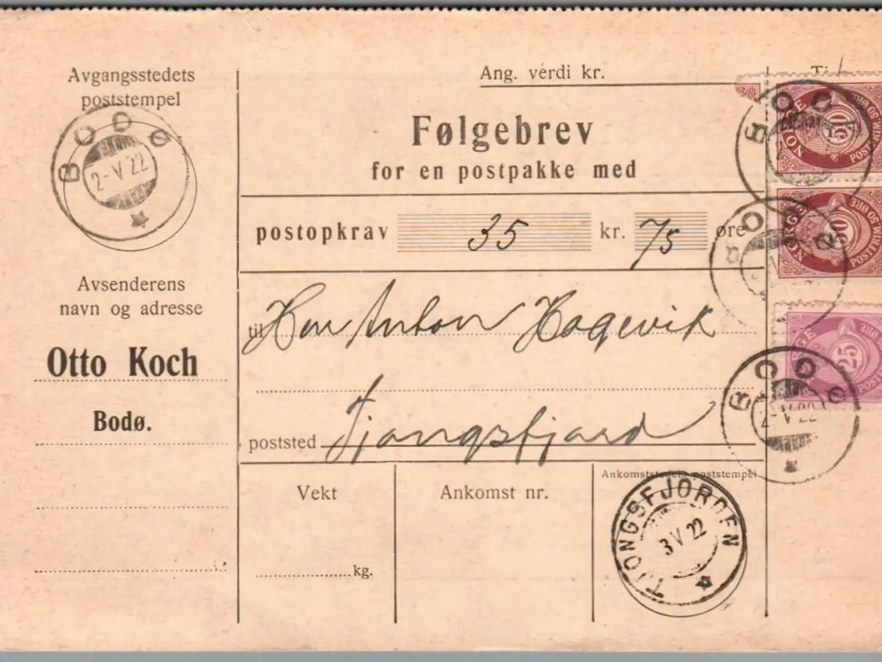 Billede 1 - Følgebrev for en postpakke - Norge - 3 - 5 - 1922