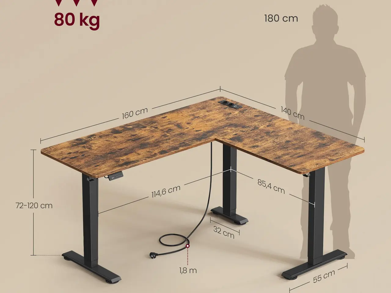 Billede 2 - Elektrisk L-formet hæve-sænkebord 160 x 140 cm