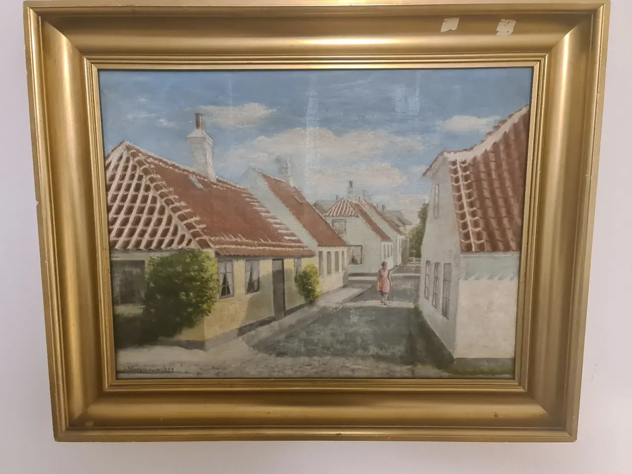 Billede 1 - Originalt oliemaleri fra 1939 – Idyllisk gadescene
