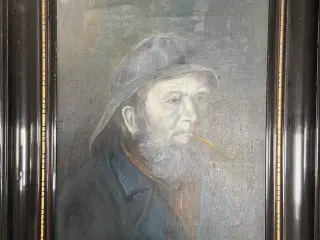 Oliemaleri – Mand med pibe, signeret F. Elskov