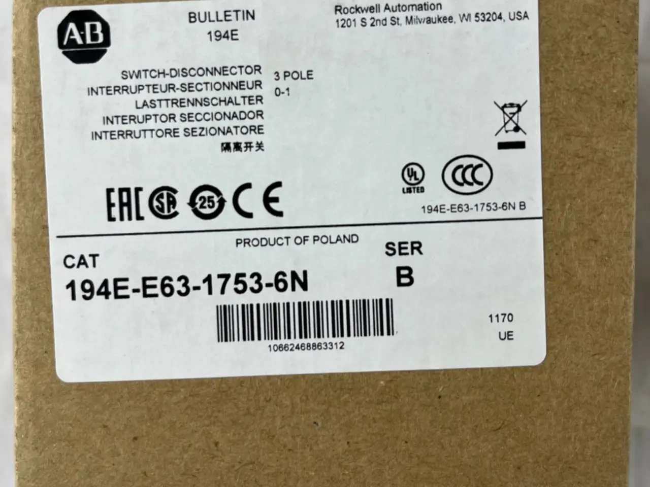 Billede 1 - Allen Bradley 194E-E63-1753-6N Load kontakt 63A