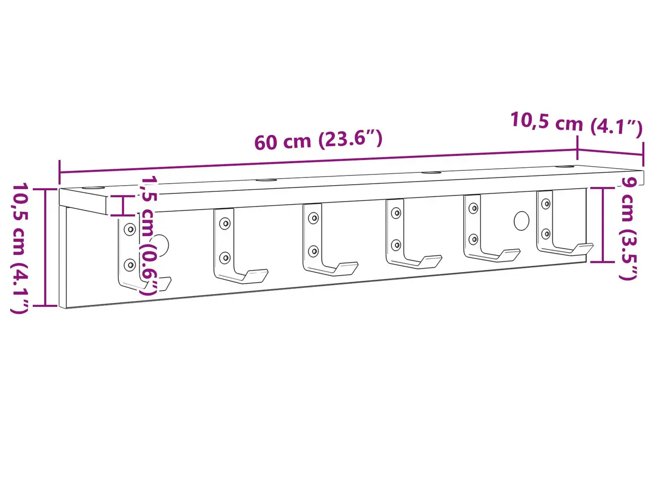 Billede 9 - Vægmonteret knagerække med hylde - hvid, 60 cm