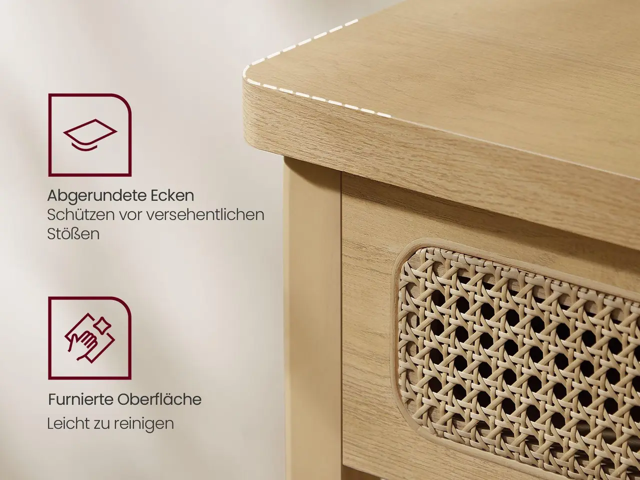 Billede 4 - Konsolbord med 2 skuffer og hylde - boho stil, egetræsbeige (100 × 30 × 80 cm)