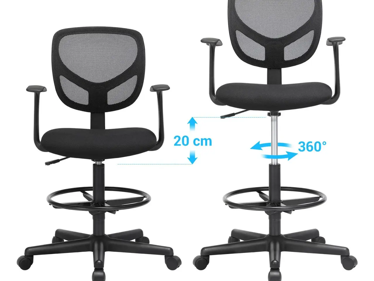 Billede 2 - Kontorstol med fodring ergonomisk høj arbejdsstol, 55-75 cm, sort