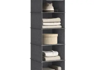 Hængende garderobeorganisator med 5 hylder - foldbar stofreol med metalkroge og bambusindsatser, grå (30×30×90 cm)
