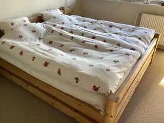 Dobbelt seng i brændt fyr med springmadresser