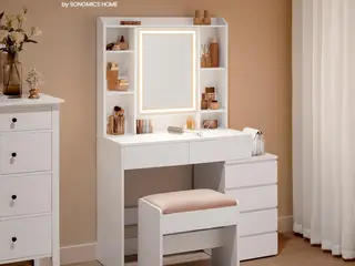 Toiletbord med LED-spejl skuffer, åbne rum, justerbare hylder og taburet, justerbar lysstyrke, moderne, Cloud White RDT125W01