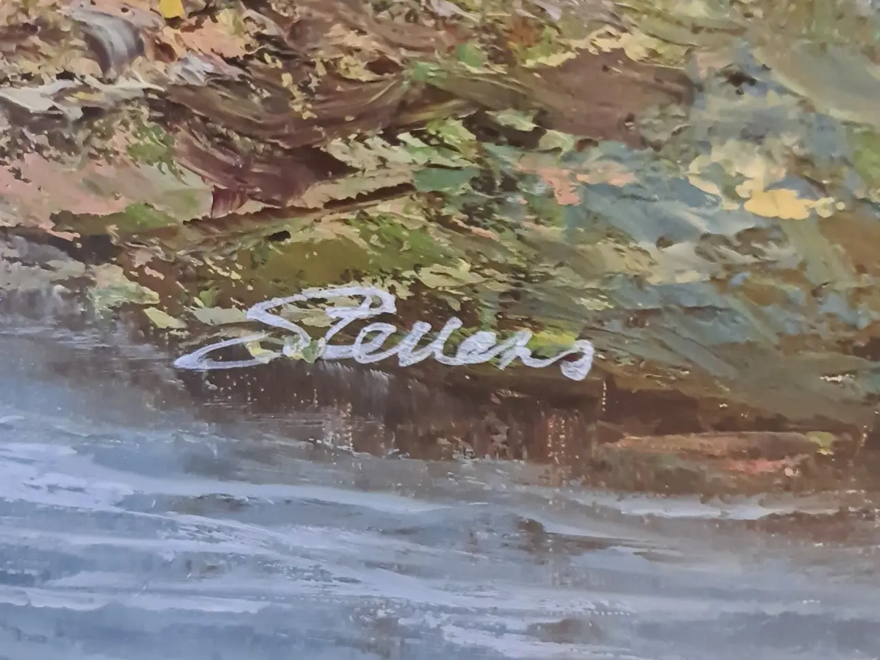 Billede 2 - Oliemaleri med skov og vandfald – signeret Stevens