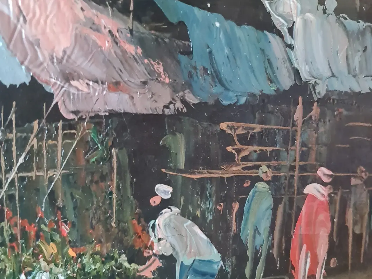 Billede 3 - Signeret oliemaleri – farverig markedsscene