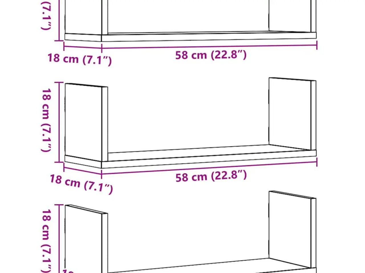 Billede 10 - Væghylder 3 stk. 58×18×18 cm i konstrueret træ - sonoma-eg