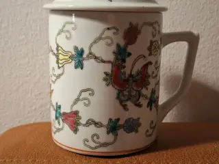 Vintage håndmalet krus med låg