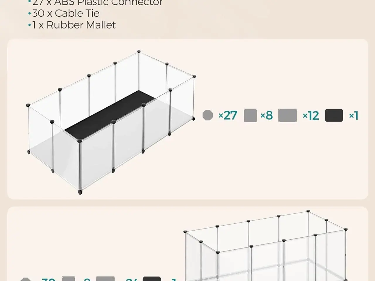 Billede 5 - Løbegård til kæledyr med bund og aftagelig Oxford-måtte, indendørs indhegning til smådyr, DIY plastbur, 143 × 73 × 46 cm, hvid