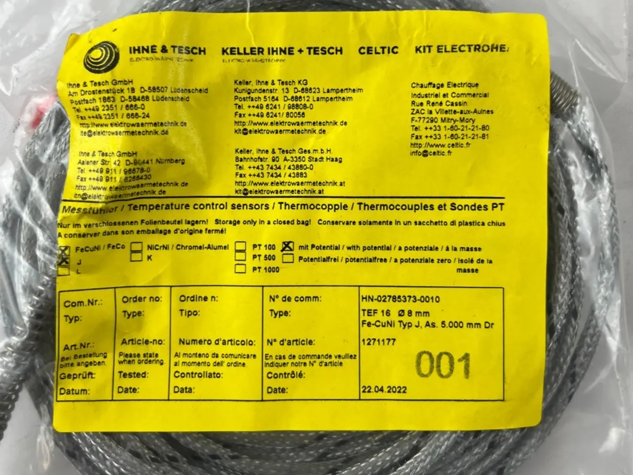 Billede 1 - Ihne & Tesch TEF 16 Thermocouple Sensor 8 mm Type