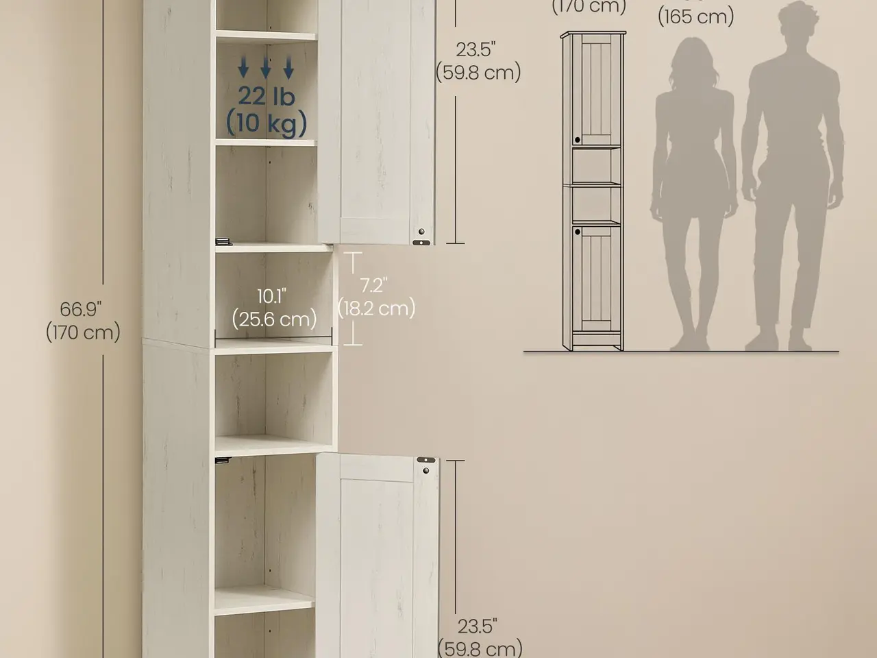 Billede 6 - Smalt badeværelsesskab med justerbare hylder - Rustic White, 30 x 30 x 170 cm