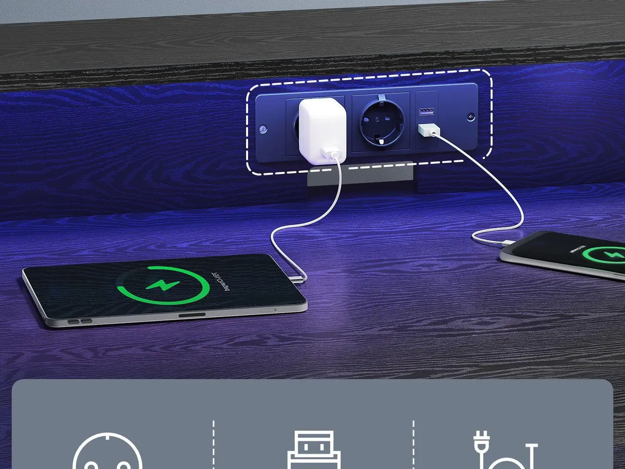 Billede 3 - Skrivebord til gaming med LED og strømudtag, 120 × 60 cm, klassisk sort