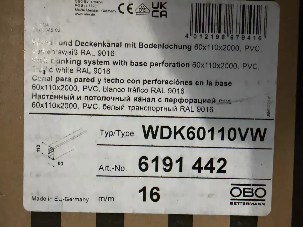Billede 3 - Kabelkanal WDK 60x110x2000 Perlehvid RAL 9016