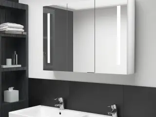 Badeværelsesskab med spejl + LED-lys 89x14x62 cm skinnende hvid
