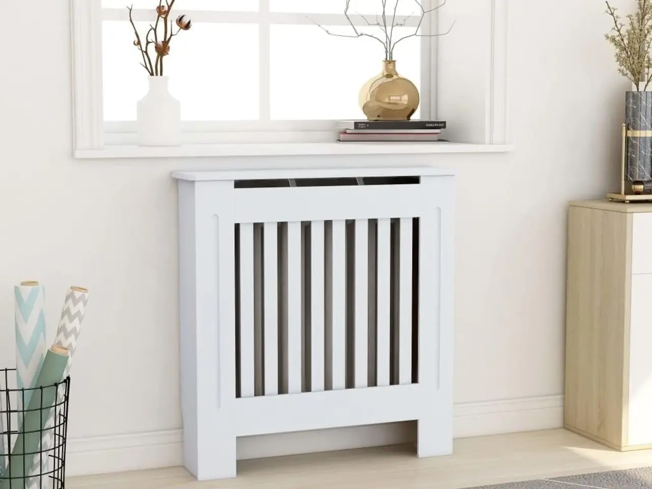 Billede 1 - Radiatorskjuler 78 cm i hvidt konstrueret træ - lameldesign