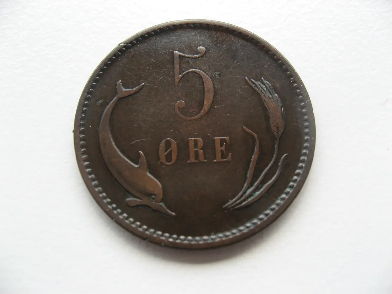 Billede 2 - Flot delfin 5 øre 1890. Den svære