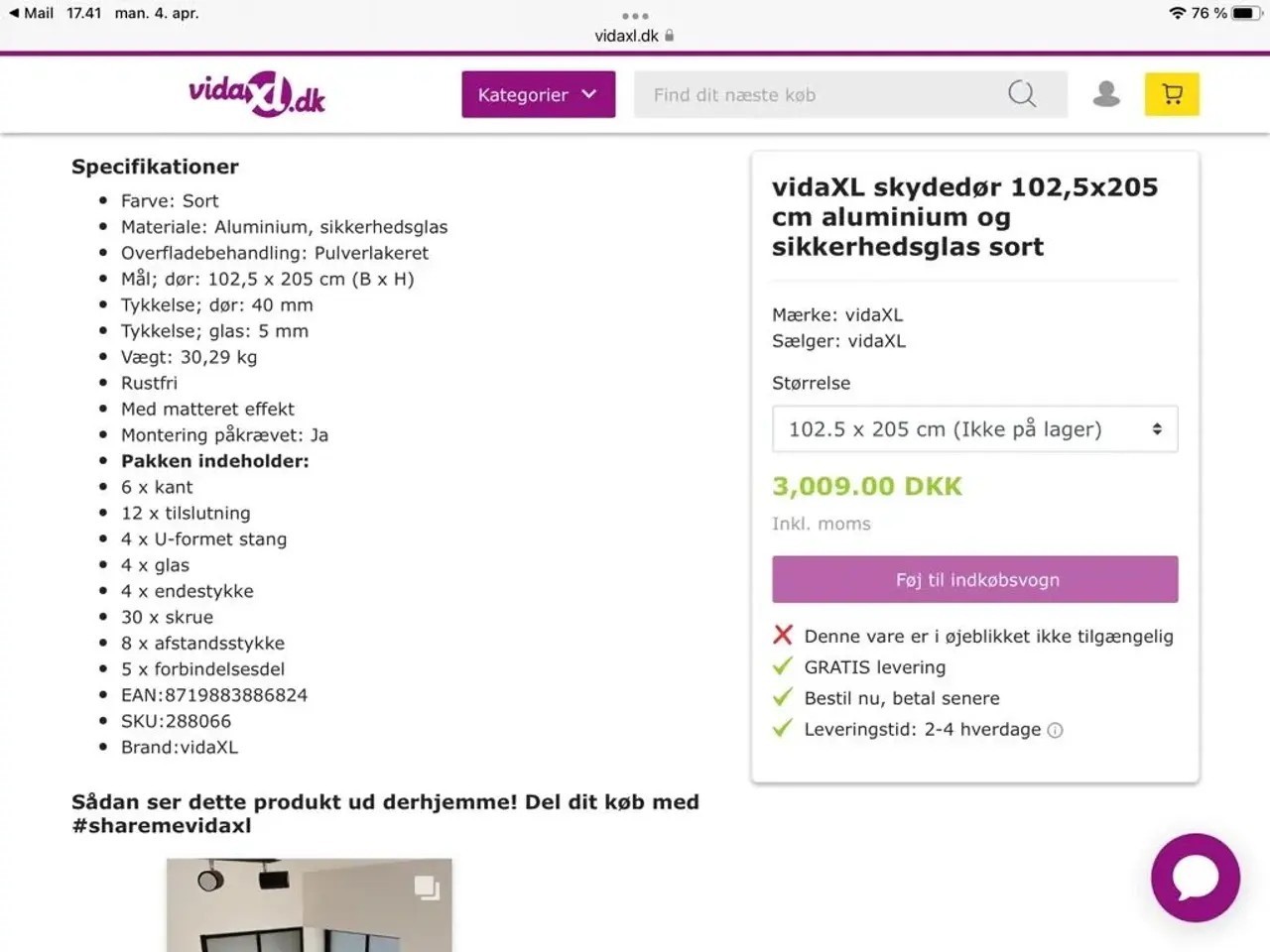Billede 2 - skydedør 102,5x205 cm aluminium og s
