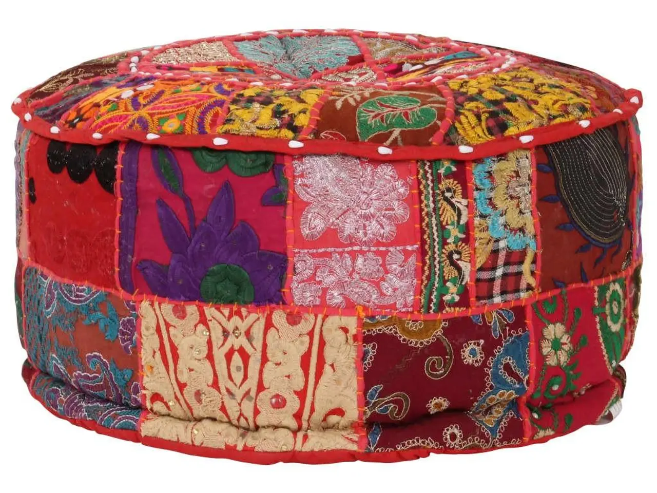 Billede 4 - Puf i patchwork - rund, håndlavet bomuld 40 × 20 cm, rød