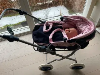 Sød dukkevogn i mørkeblå/lyserød